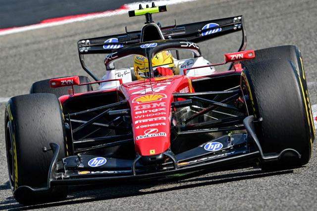 Ferrari's British driver Lewis Hamilton drives on the third day of the Formula One pre-season testing at the Bahrain International Circuit in Sakhir on February 13, 2026. (Photo by Giuseppe CACACE / AFP)