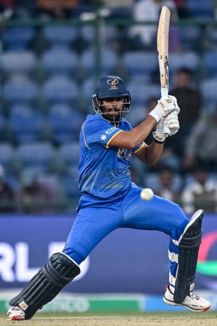 UAE's Aryansh Sharma plays a shot during the 2026 ICC Men's T20 Cricket World Cup group stage match between Canada and United Arab Emirates at the Arun Jaitley Stadium in New Delhi on February 13, 2026. (Photo by Arun SANKAR / AFP)