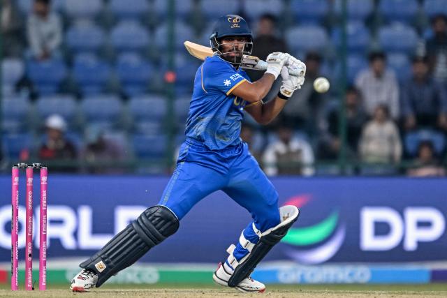 UAE's Aryansh Sharma plays a shot during the 2026 ICC Men's T20 Cricket World Cup group stage match between Canada and United Arab Emirates at the Arun Jaitley Stadium in New Delhi on February 13, 2026. (Photo by Arun SANKAR / AFP)