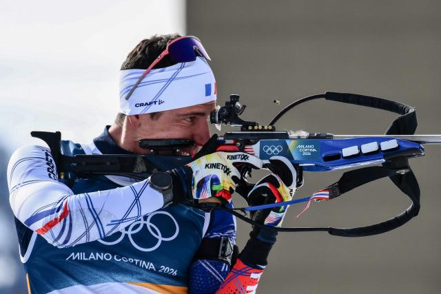 France's Quentin Fillon Maillet shoots during the warm up in the men's biathlon 10km sprint event during the Milano Cortina 2026 Winter Olympic Games at the Anterselva Biathlon Arena (Sudtirol Arena) in Anterselva (Val Pusteria) on February 13, 2026. (Photo by Marco BERTORELLO / AFP)