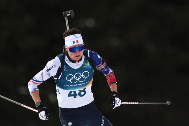 France's Eric Perrot competes in the men's biathlon 10km sprint event during the Milano Cortina 2026 Winter Olympic Games at the Anterselva Biathlon Arena (Sudtirol Arena) in Anterselva (Val Pusteria) on February 13, 2026. (Photo by FRANCK FIFE / AFP)