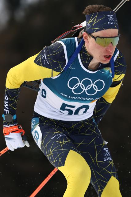 Sweden's Martin Ponsiluoma competes in the men's biathlon 10km sprint event during the Milano Cortina 2026 Winter Olympic Games at the Anterselva Biathlon Arena (Sudtirol Arena) in Anterselva (Val Pusteria) on February 13, 2026. (Photo by FRANCK FIFE / AFP)