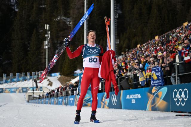Norway's Vetle Sjaastad Christiansen reacts in the finish area of the men's biathlon 10km sprint event during the Milano Cortina 2026 Winter Olympic Games at the Anterselva Biathlon Arena (Sudtirol Arena) in Anterselva (Val Pusteria) on February 13, 2026. (Photo by Marco BERTORELLO / AFP)