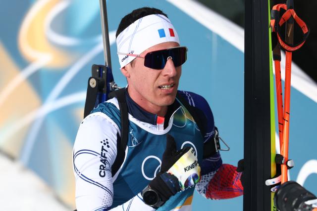 France's Quentin Fillon Maillet reacts after competing in the men's biathlon 10km sprint event during the Milano Cortina 2026 Winter Olympic Games at the Anterselva Biathlon Arena (Sudtirol Arena) in Anterselva (Val Pusteria) on February 13, 2026. (Photo by FRANCK FIFE / AFP)