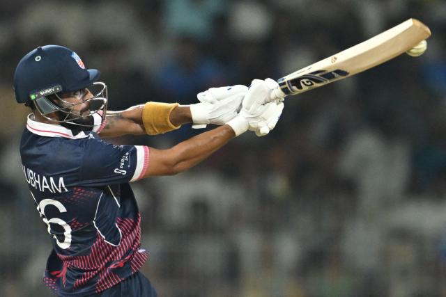 USA's Shubham Ranjane plays a shot during the 2026 ICC Men's T20 Cricket World Cup group stage match between Netherlands and USA at MA Chidambaram Stadium in Chennai on February 13, 2026. (Photo by R. Satish BABU / AFP)