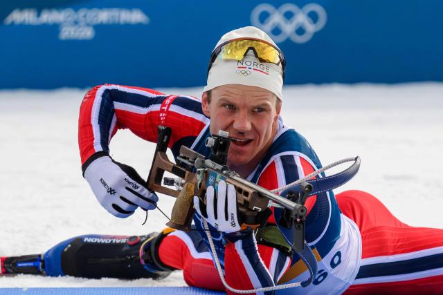 Norway's Vetle Sjaastad Christiansen competes in the men's biathlon 10km sprint event during the Milano Cortina 2026 Winter Olympic Games at the Anterselva Biathlon Arena (Sudtirol Arena) in Anterselva (Val Pusteria) on February 13, 2026. (Photo by FRANCOIS-XAVIER MARIT / AFP)