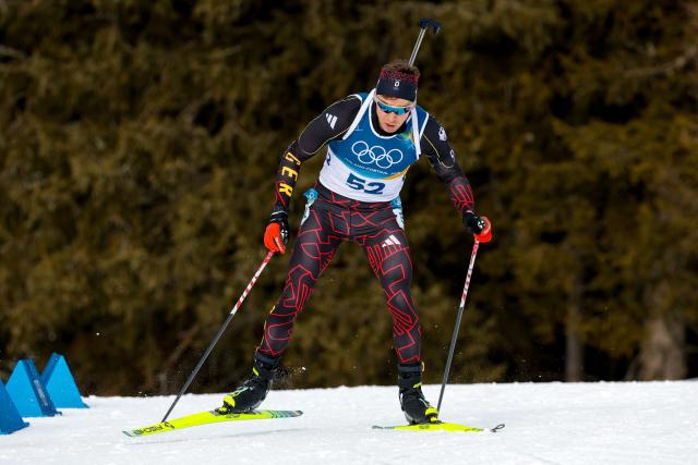 Germany's Philipp Nawrath competes in the men's biathlon 10km sprint event during the Milano Cortina 2026 Winter Olympic Games at the Anterselva Biathlon Arena (Sudtirol Arena) in Anterselva (Val Pusteria) on February 13, 2026. (Photo by Odd ANDERSEN / AFP)