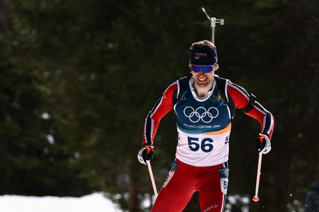 Norway's Sturla Holm Laegreid competes in the men's biathlon 10km sprint event during the Milano Cortina 2026 Winter Olympic Games at the Anterselva Biathlon Arena (Sudtirol Arena) in Anterselva (Val Pusteria) on February 13, 2026. (Photo by Marco BERTORELLO / AFP)