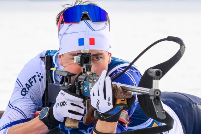 France's Eric Perrot competes in the men's biathlon 10km sprint event during the Milano Cortina 2026 Winter Olympic Games at the Anterselva Biathlon Arena (Sudtirol Arena) in Anterselva (Val Pusteria) on February 13, 2026. (Photo by FRANCOIS-XAVIER MARIT / AFP)