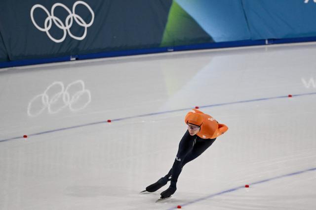 Netherlands' Jorrit Bergsma competes in the speed skating men's 10000m during the Milano Cortina 2026 Winter Olympic Games at Milano Speed Skating Stadium in Milan on February 13, 2026. (Photo by Daniel MUNOZ / AFP)