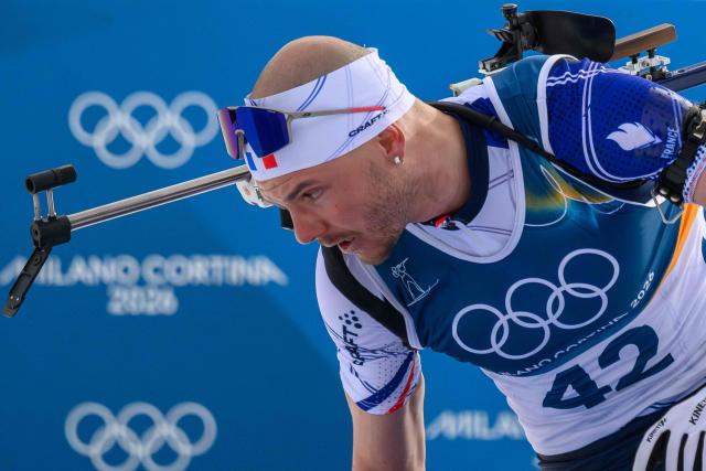 France's Emilien Jacquelin competes in the men's biathlon 10km sprint event during the Milano Cortina 2026 Winter Olympic Games at the Anterselva Biathlon Arena (Sudtirol Arena) in Anterselva (Val Pusteria) on February 13, 2026. (Photo by FRANCOIS-XAVIER MARIT / AFP)