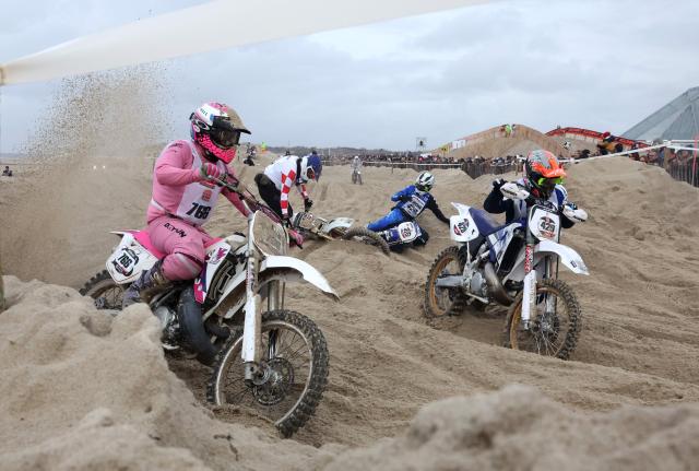 Motorbikers compete in the 50th edition of the Enduropale "vintage" beach race event in Le Touquet Paris Plage, northern France on February 13, 2026. (Photo by Francois LO PRESTI / AFP)