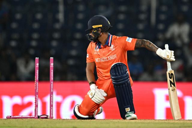 Netherlands' Aryan Dutt is clean bowled by USA's Shadley van Schalkwyk during the 2026 ICC Men's T20 Cricket World Cup group stage match between Netherlands and USA at MA Chidambaram Stadium in Chennai on February 13, 2026. (Photo by R. Satish BABU / AFP)