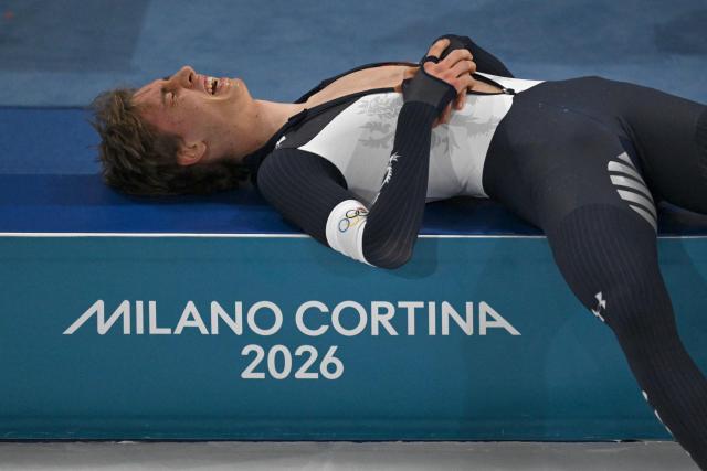 Czech Republic's Metodej Jilek reacts after competing in the speed skating men's 10000m during the Milano Cortina 2026 Winter Olympic Games at Milano Speed Skating Stadium in Milan on February 13, 2026. (Photo by Daniel MUNOZ / AFP)