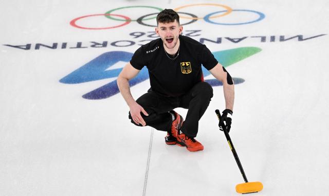 Germany's Benjamin Kapp reacts during the curling men's round robin between Germany and Italy during the Milano Cortina 2026 Winter Olympic Games at the Cortina Curling Olympic Stadium in Cortina d’Ampezzo on February 13, 2026. (Photo by Tiziana FABI / AFP)