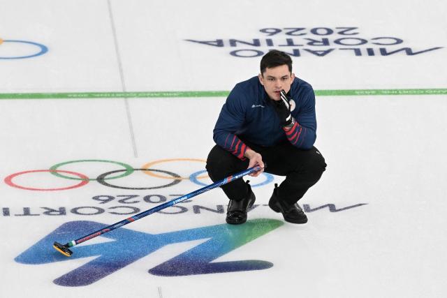 Czech Republic's Lukas Klima looks on during the curling men's round robin between Czech Republic and Norway during the Milano Cortina 2026 Winter Olympic Games at the Cortina Curling Olympic Stadium in Cortina d’Ampezzo on February 13, 2026. (Photo by Tiziana FABI / AFP)