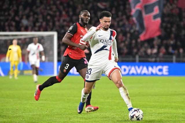 Paris Saint-Germain's French midfielder #33 Warren Zaire-Emery controls the ball during the French L1 football match between Stade Rennais FC and Paris Saint-Germain (PSG) at the Roazhon Park stadium in Rennes, western France, on February 13, 2026. (Photo by Damien MEYER / AFP)