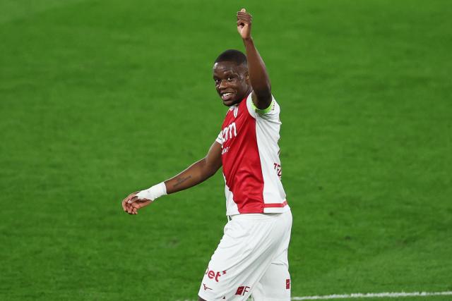 Monaco's Swiss midfielder #06 Denis Zakaria celebrates scoring his team's third goal during the French L1 football match between AS Monaco and  FC Nantes at the Stade Louis II in the Principality of Monaco on February 13, 2026. (Photo by Valery HACHE / AFP)
