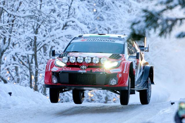 British driver Elfyn Evans and co-driver Scott Martin in their Toyota GR Yaris compete during Rally Sweden, the second round of the FIA World Rally Championship in Umea, Sweden, on February 13, 2026. British driver Elfyn Evans and co-driver Scott Martin in their Toyota GR Yaris (Photo by Peo MOLLER / various sources / AFP) / Sweden OUT