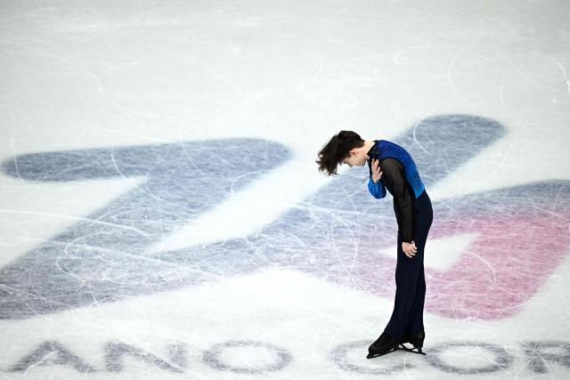 Kazakhstan's Mikhail Shaidorov celebrates after winning gold in the figure skating men's singles free skating final during the Milano Cortina 2026 Winter Olympic Games at Milano Ice Skating Arena in Milan on February 13, 2026. (Photo by Gabriel BOUYS / AFP)