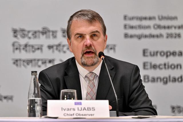 European Union Election Observation Mission (EU EOM) Chief Observer Ivars Ijabs speaks during a press conference presenting a preliminary statement on Bangladesh's general election in Dhaka on February 14, 2026. Bangladesh's elections, in which the nationalist party won a landslide victory in the first polls since a 2024 uprising, were credible, European Union observers said on February 14. (Photo by Munir UZ ZAMAN / AFP)
