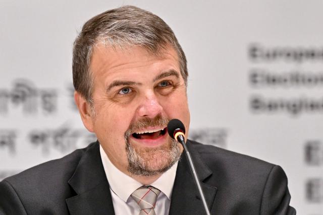 European Union Election Observation Mission (EU EOM) Chief Observer Ivars Ijabs speaks during a press conference presenting a preliminary statement on Bangladesh's general election in Dhaka on February 14, 2026. Bangladesh's elections, in which the nationalist party won a landslide victory in the first polls since a 2024 uprising, were credible, European Union observers said on February 14. (Photo by Munir UZ ZAMAN / AFP)