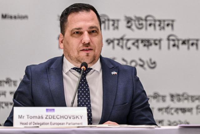 Tomas Zdechovsky, Head of the European Parliament delegation, speaks during a press conference presenting a preliminary statement on Bangladesh's general election in Dhaka on February 14, 2026. Bangladesh's elections, in which the nationalist party won a landslide victory in the first polls since a 2024 uprising, were credible, European Union observers said on February 14. (Photo by Munir UZ ZAMAN / AFP)