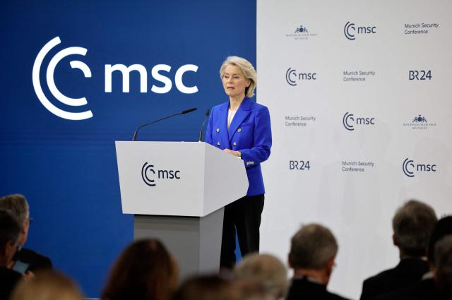 European Commission President Ursula von der Leyen speaks on stage during the 62nd Munich Security Conference (MSC) on February 14, 2026 in Munich, southern Germany. Heads of state and government as well as foreign and defence ministers from all over the world are expected to attend the security policy talks from February 13 to 15, 2026. (Photo by Alexandra BEIER / AFP)