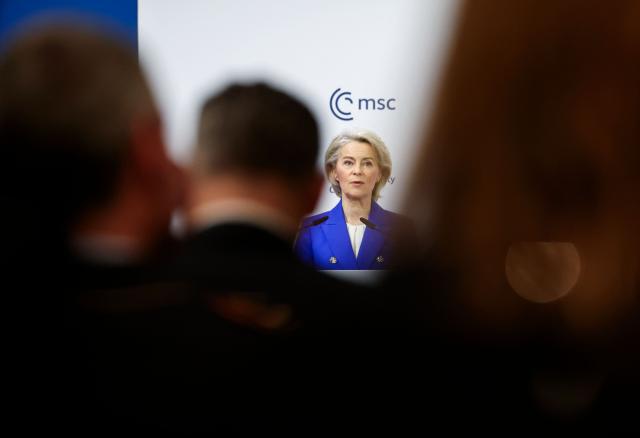 European Commission President Ursula von der Leyen speaks on stage during the 62nd Munich Security Conference (MSC) on February 14, 2026 in Munich, southern Germany. Heads of state and government as well as foreign and defence ministers from all over the world are expected to attend the security policy talks from February 13 to 15, 2026. (Photo by Alexandra BEIER / AFP)