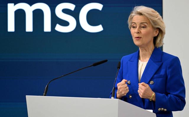 European Commission President Ursula von der Leyen gives a speech at the 62nd Munich Security Conference (MSC) on February 14, 2026 in Munich, southern Germany. (Photo by THOMAS KIENZLE / AFP)