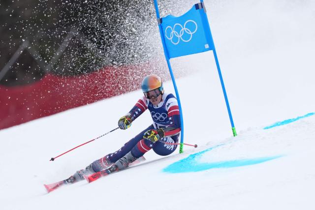 USA's River Radamus competes in the first run of the men's giant slalom alpine skiing event during the Milano Cortina 2026 Winter Olympic Games at the Stelvio Ski Centre in Bormio (Valtellina) on February 14, 2026. (Photo by Dimitar DILKOFF / AFP)