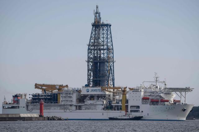 Japan's deep-sea drilling vessel Chikyu returns to Shimizu port in Shimizu, Shizuoka prefecture on February 14, 2026. (Photo by Yuichi YAMAZAKI / AFP)