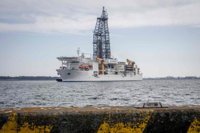 Japan's deep-sea drilling vessel Chikyu returns to Shimizu port in Shimizu, Shizuoka prefecture on February 14, 2026. (Photo by Yuichi YAMAZAKI / AFP)