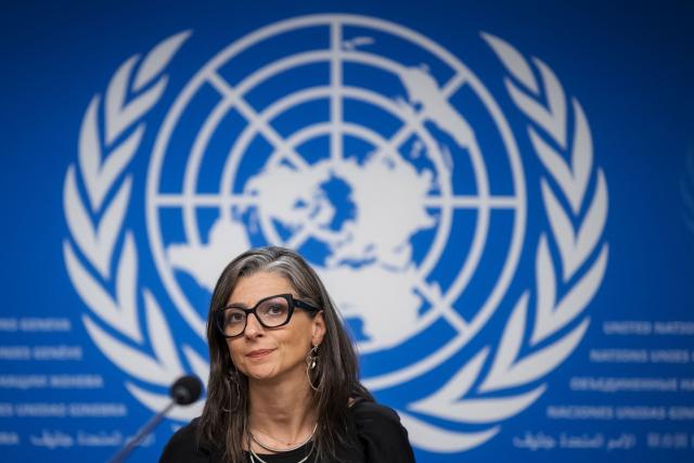 (FILES) United Nations (UN) Special Rapporteur on the occupied Palestinian territories Francesca Albanese looks on at the end of a press conference on the human rights situation in Gaza in Geneva on September 15, 2025. Over a hundred top figures from the world of entertainment signed an open letter on February 14, 2026 in support of UN Palestinian human rights expert Francesca Albanese who faces calls to resign over comments about the war in Gaza. France and Germany have called for Albanese to step down over remarks last weekend in which she referred to a "common enemy of humanity" after criticising "most of the world" and the media for enabling Israel's "genocide" in Gaza. (Photo by Fabrice COFFRINI / AFP)