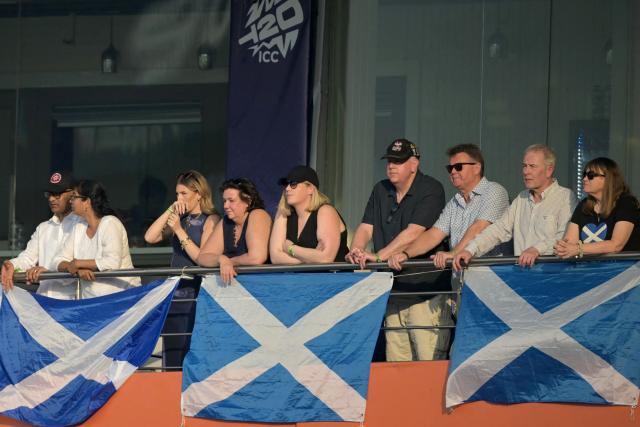 Scotland's fans watch the 2026 ICC Men's T20 Cricket World Cup group stage match between England and Scotland at the Eden Gardens in Kolkata on February 14, 2026. (Photo by Dibyangshu SARKAR / AFP)