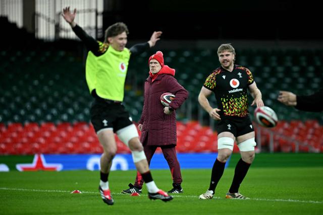 Wales' coach Steve Tandy looks on during a captain's run training session at Principality Stadium in Cardiff on February 14, 2026, on the eve of their Six Nations match against France. (Photo by Paul ELLIS / AFP)
