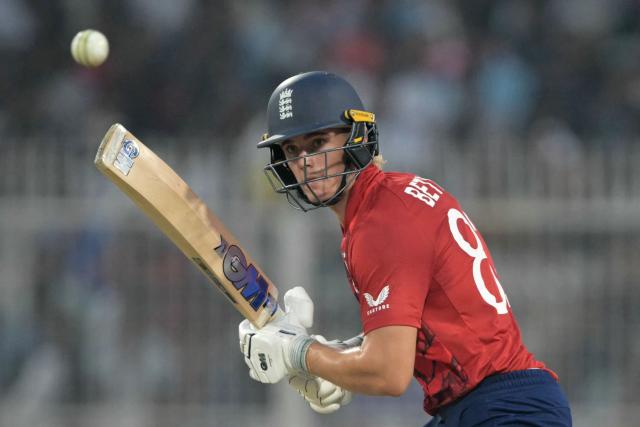 England's Jacob Bethell plays a shot during the 2026 ICC Men's T20 Cricket World Cup group stage match between England and Scotland at the Eden Gardens in Kolkata on February 14, 2026. (Photo by Dibyangshu SARKAR / AFP)