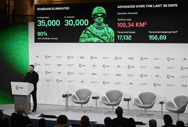 Ukrainian President Volodymyr Zelensky speaks during the 62nd Munich Security Conference (MSC) on February 14, 2026 in Munich, southern Germany. Heads of state and government as well as foreign and defence ministers from all over the world are expected to attend the security policy talks from February 13 to 15, 2026. (Photo by THOMAS KIENZLE / AFP)