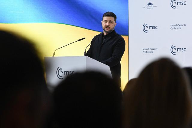 Ukrainian President Volodymyr Zelensky speaks during the 62nd Munich Security Conference (MSC) on February 14, 2026 in Munich, southern Germany. Heads of state and government as well as foreign and defence ministers from all over the world are expected to attend the security policy talks from February 13 to 15, 2026. (Photo by THOMAS KIENZLE / AFP)