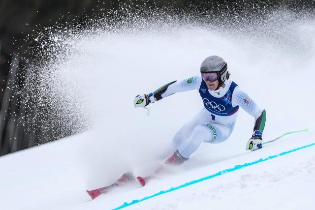 Brazil's Lucas Pinheiro Braathen competes in the first run of the men's giant slalom alpine skiing event during the Milano Cortina 2026 Winter Olympic Games at the Stelvio Ski Centre in Bormio (Valtellina) on February 14, 2026. (Photo by Dimitar DILKOFF / AFP)