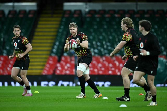 Wales' number 8 Aaron Wainwright takes part in a captain's run training session at Principality Stadium in Cardiff on February 14, 2026, on the eve of their Six Nations match against France. (Photo by Paul ELLIS / AFP)