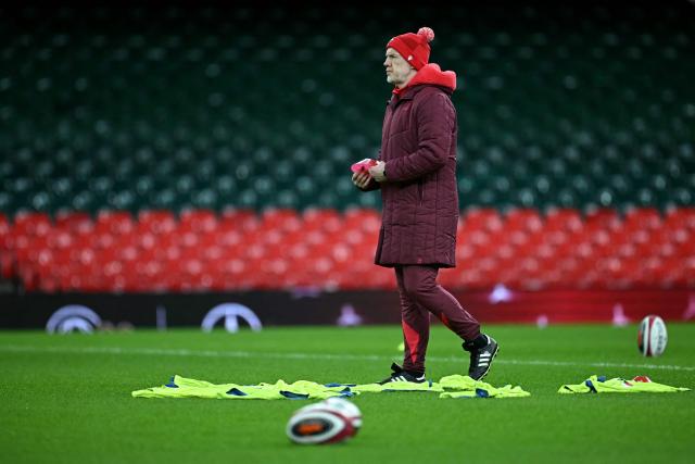 Wales' coach Steve Tandy looks on during a captain's run training session at Principality Stadium in Cardiff on February 14, 2026, on the eve of their Six Nations match against France. (Photo by Paul ELLIS / AFP)