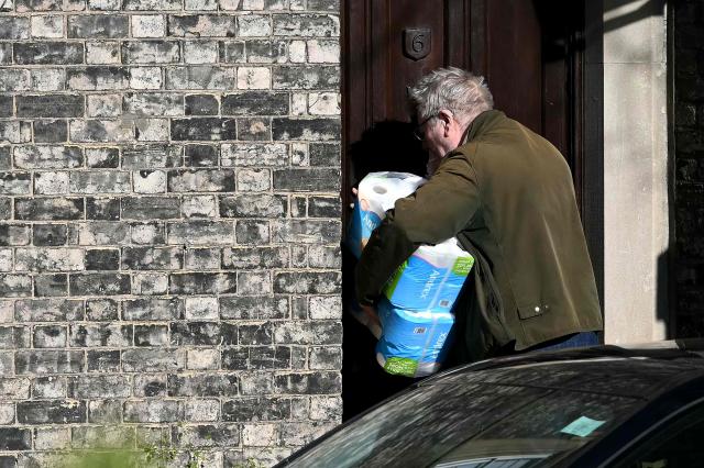 Toilet Roll is delivered to the residence of former UK ambassador to the United States, Peter Mandelson, in central London on February 14, 2026.  (Photo by JUSTIN TALLIS / AFP)