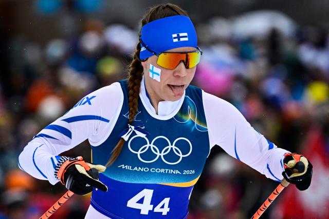 Finland's Jasmi Joensuu competes during the cross-country women's 4 x 7,5km relay event of the Milano Cortina 2026 Winter Olympic Games at Tesero Cross-Country Skiing Stadium in Lago di Tesero (Val di Fiemme), on February 14, 2026. (Photo by Tobias SCHWARZ / AFP)
