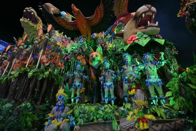 Revellers of the Academicos do Tatuape samba school perform during the carnival parade at the Anhembi Sambadrome in Sao Paulo, Brazil, on February 14, 2026. (Photo by NELSON ALMEIDA / AFP)