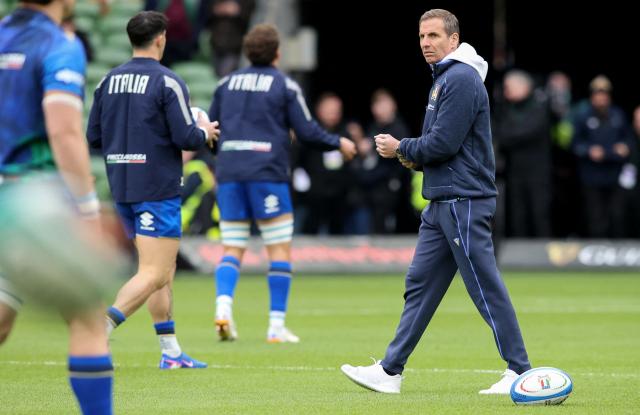 Italy's Argentinian head coach Gonzalo Quesada looks on before during the Six Nations international rugby union match between Ireland and Italy at the Aviva Stadium in Dublin, on February 14, 2026. (Photo by Paul Faith / AFP)