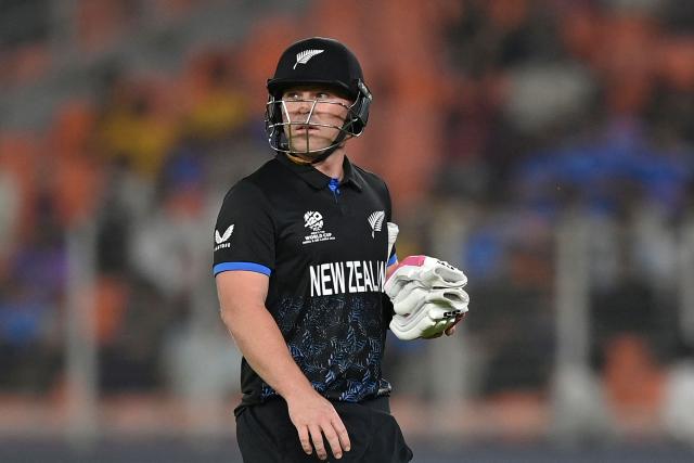 New Zealand's Tim Seifert walks back to the pavilion after his dismissal during the 2026 ICC Men's T20 Cricket World Cup group stage match between New Zealand and South Africa at the Narendra Modi Stadium in Ahmedabad on February 14, 2026. (Photo by Shammi MEHRA / AFP)