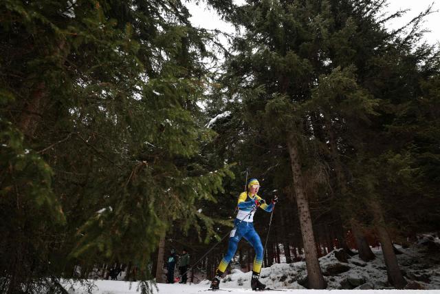 Ukraine's Oleksandra Merkushyna competes in the women's biathlon 7,5km sprint event during the Milano Cortina 2026 Winter Olympic Games at the Anterselva Biathlon Arena (Sudtirol Arena) in Anterselva (Val Pusteria) on February 14, 2026. (Photo by FRANCK FIFE / AFP)