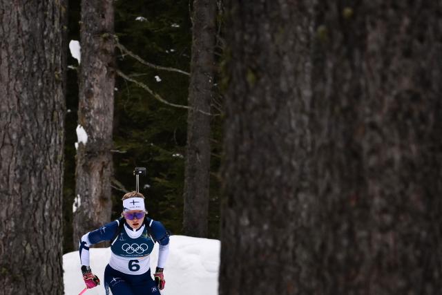 Finland's Venla Lehtonen competes in the women's biathlon 7,5km sprint event during the Milano Cortina 2026 Winter Olympic Games at the Anterselva Biathlon Arena (Sudtirol Arena) in Anterselva (Val Pusteria) on February 14, 2026. (Photo by Marco BERTORELLO / AFP)