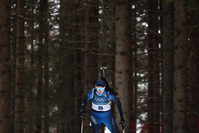 Estonia's Tuuli Tomingas competes in the women's biathlon 7,5km sprint event during the Milano Cortina 2026 Winter Olympic Games at the Anterselva Biathlon Arena (Sudtirol Arena) in Anterselva (Val Pusteria) on February 14, 2026. (Photo by FRANCK FIFE / AFP)